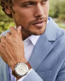 Evans Stainless Steel 44mm Chronograph Watch In Ivory -Kendra Scott Kendra Scott Evans 44m Chronograph Watch Eggshell Luggage Leather Stainless Steel 01