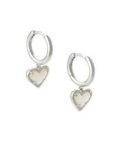 Ari Heart Silver Huggie Earrings In Ivory Mother-of-Pearl