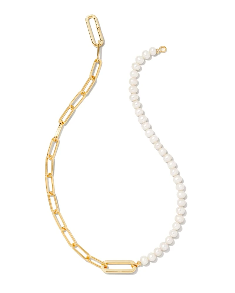 Ashton Gold Half Chain Necklace In White Pearl 3 Ashton Gold Half Chain Necklace In White Pearl