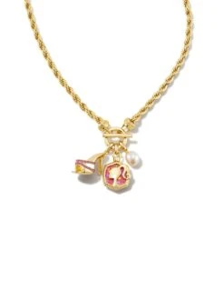 Barbie™ X Kendra Scott Gold Pearl Charm Convertible Necklace In Pink Iridescent Glitter Glass -Kendra Scott kendra scott barbie pearl charm convertible necklace gold pink iridescent glitter glass 01 00