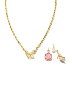 Barbie™ X Kendra Scott Gold Pearl Charm Convertible Necklace In Pink Iridescent Glitter Glass -Kendra Scott kendra scott barbie pearl charm convertible necklace gold pink iridescent glitter glass 02 00