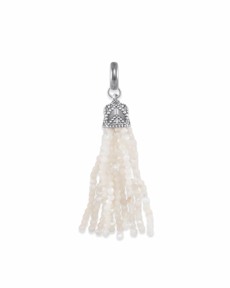 Beaded Vintage Silver Tassel Charm In Ivory Pearl 3 Beaded Vintage Silver Tassel Charm In Ivory Pearl