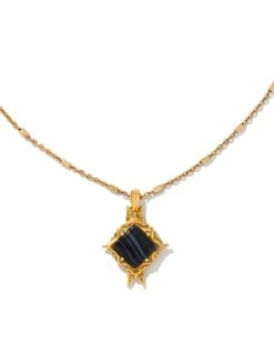 Cass Vintage Gold Long Pendant Necklace In Black Banded Agate