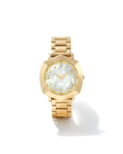 Dira Gold Tone Stainless Steel 38mm Diamond Dial Watch In Ivory Mother-of-Pearl
