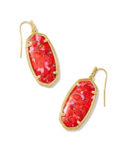 Elle Gold Drop Earrings In Bronze Veined Red And Fuchsia Magnesite