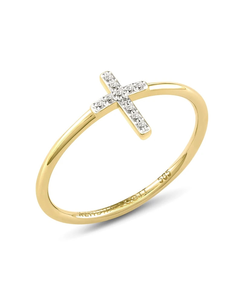 Cross 14k Yellow Gold Band Ring In White Diamond 4 Cross 14k Yellow Gold Band Ring In White Diamond - Image 2