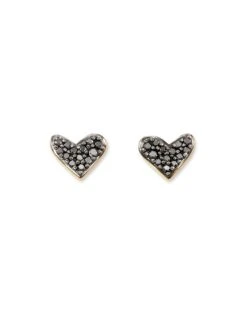 Heart 14k Yellow Gold Stud Earrings In Black Diamond