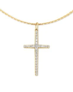 Large Cross 14k Yellow Gold Pendant Necklace In White Diamond