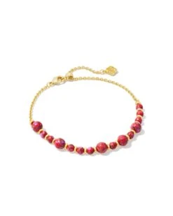 Jovie Gold Beaded Delicate Chain Bracelet In Bronze Veined Red And Fuchsia Magnesite